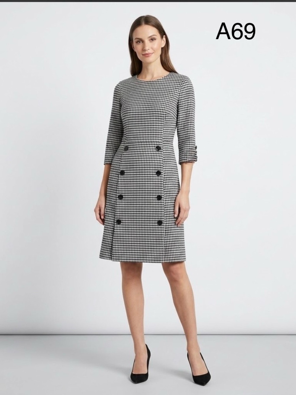 Shelby & PalmerClassic  Black and White Houndstooth Long Sleeve Sheath Dress, 14